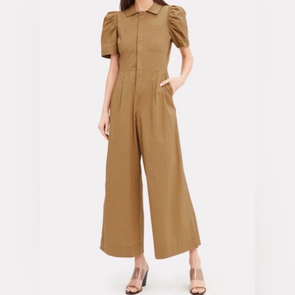 Sea Pants - SEA Sienna Puff-Sleeve Stretch-Cotton Jumpsuit Tan Sz 4